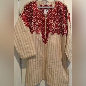 Striped khaki red embroidered tunic linen detailed size 12